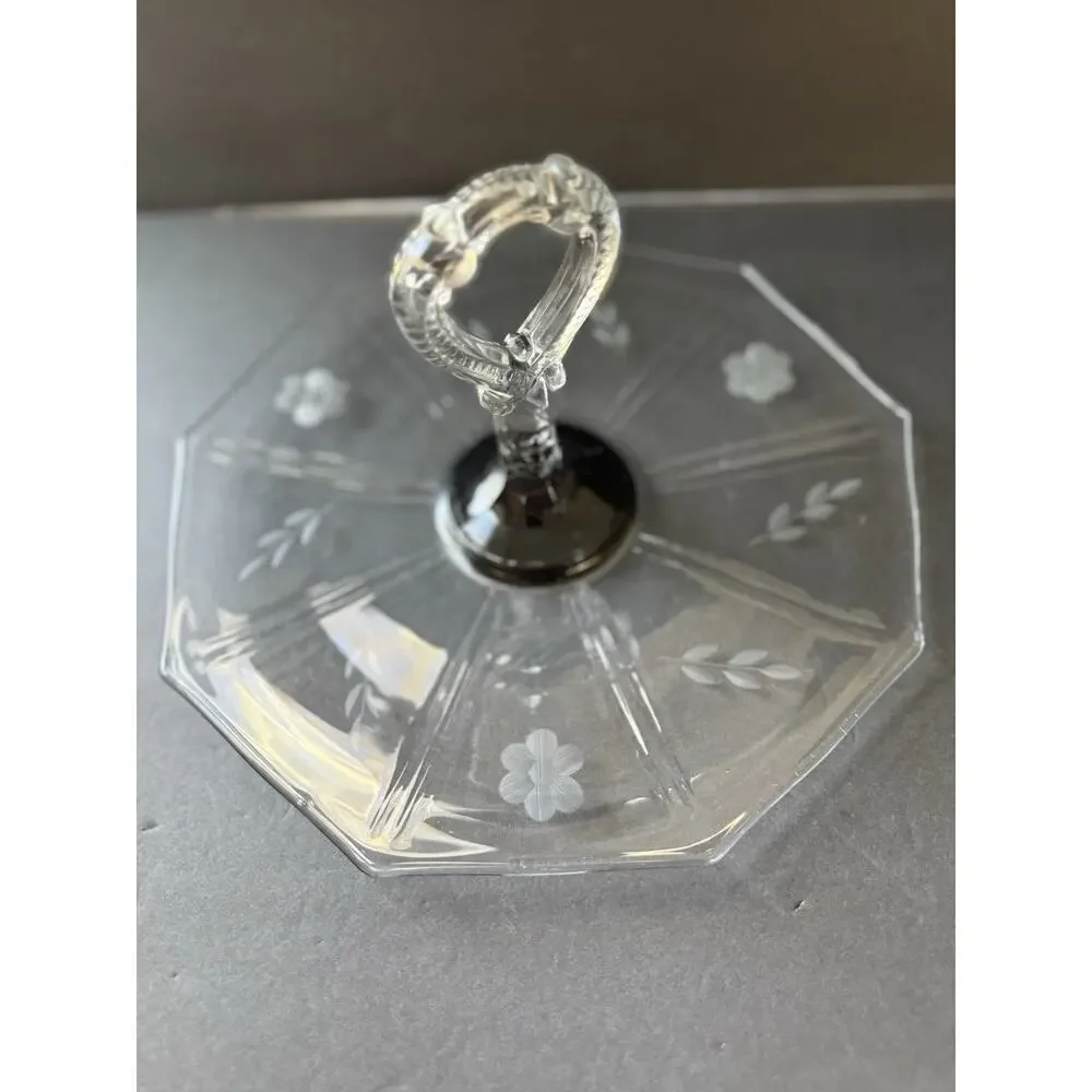 Vintage Tidbit Sandwhich Tray Etched Charcuterie Glass Clear MCM Deco Cottage